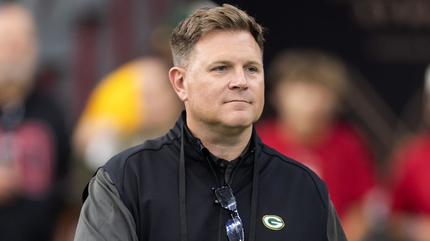 Oct 19, 2025; Glendale, Arizona, USA; Green Bay Packers general manager Brian Gutekunst against the Arizona Cardinals at State Farm Stadium. Mandatory Credit: Mark J. Rebilas-Imagn Images