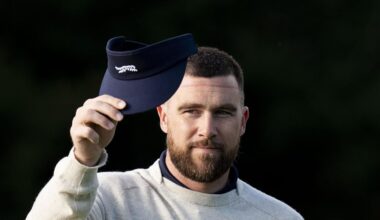 February 13, 2026; Pebble Beach, California, USA; Kansas City Chiefs tight end Travis Kelce acknowledges the crowd on the first hole during the second round of the AT&T Pebble Beach Pro-Am golf tournament at Pebble Beach Golf Links. Mandatory Credit: Kyle Terada-Imagn Images