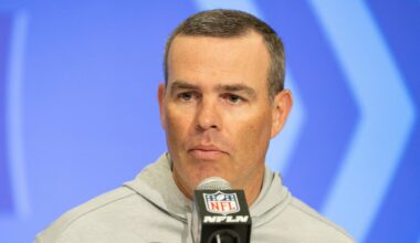 Feb 27, 2024; Indianapolis, IN, USA; Buffalo Bills general manager Brandon Beane talks to the media at the 2024 NFL Combine at Indiana Convention Center. Mandatory Credit: Trevor Ruszkowski-Imagn Images