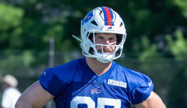 Jul 23, 2025; Rochester, NY, USA; Buffalo Bills defensive end Joey Bosa (97) during training camp at St. John Fisher University. Mandatory Credit: Mark Konezny-Imagn Images