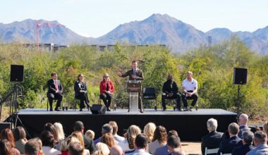 Arizona Cardinals head coach Mike LaFleur addresses the crowd during the groundbreaking ceremony for the Cardinals' new training facility on Feb. 19, 2026, in Phoenix.