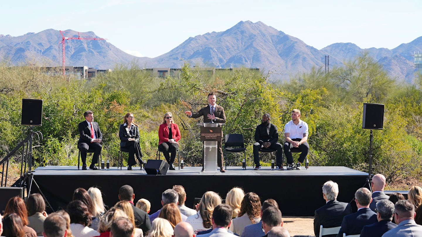 Arizona Cardinals head coach Mike LaFleur addresses the crowd during the groundbreaking ceremony for the Cardinals' new training facility on Feb. 19, 2026, in Phoenix.