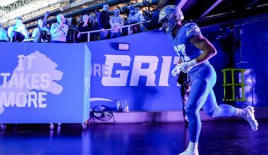 Detroit Lions tight end Sam LaPorta runs out of the tunnel during player introductions before the start of the game against the Tennessee Titans at Ford Field in Detroit on Sunday, Oct. 27, 2024.