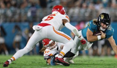 Dec 21, 2025; Nashville, Tennessee, USA;  Kansas City Chiefs safety Bryan Cook (6) runs to the field against the Tennessee Titans during pre-game warmups at Nissan Stadium. Mandatory Credit: Steve Roberts-Imagn Images