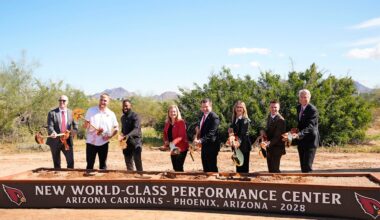 Phoenix Mayor Kate Gallego and Arizona Cardinals owner Michael J. Bidwill (center) during the groundbreaking ceremony for the Cardinals' new training facility on Feb. 19, 2026, in Phoenix.