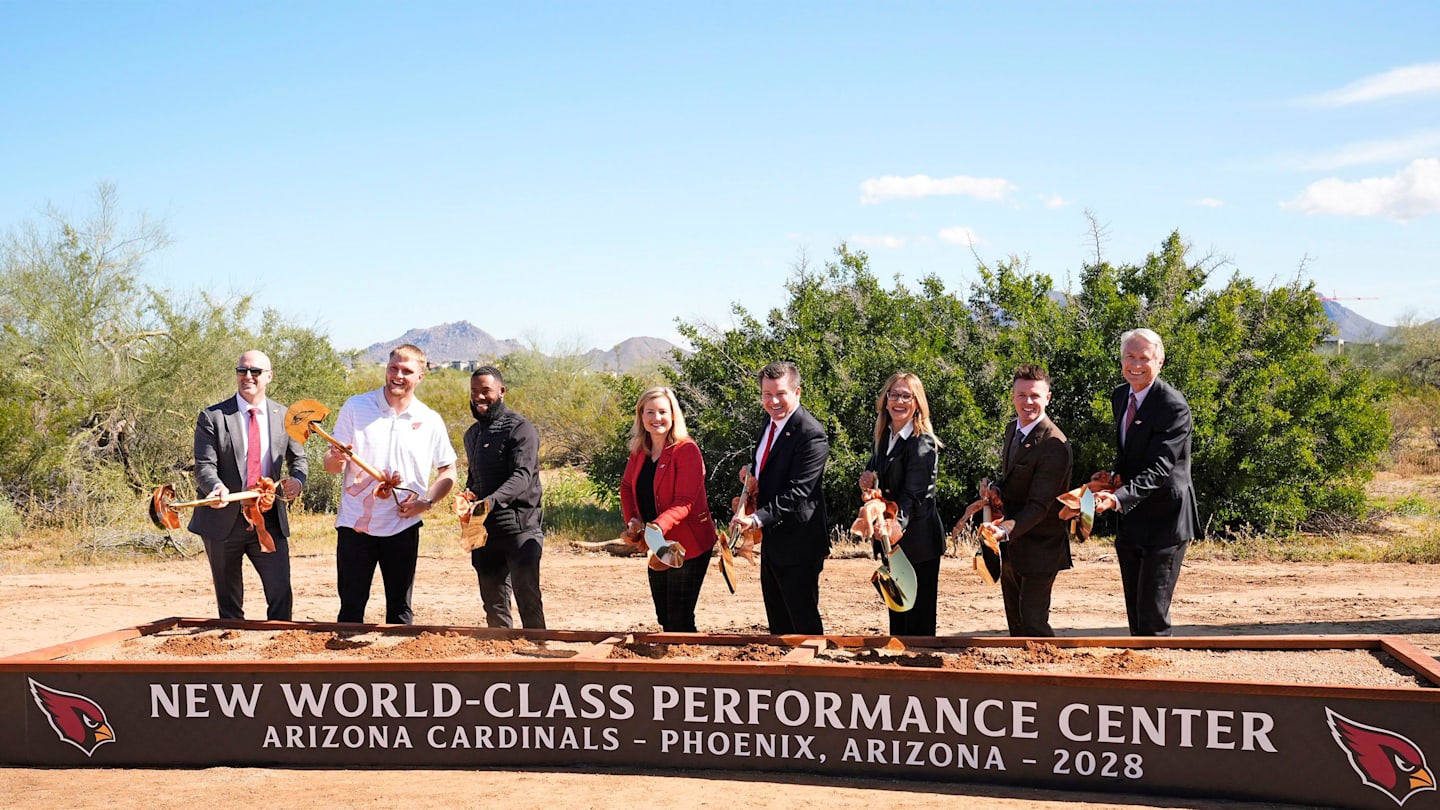 Phoenix Mayor Kate Gallego and Arizona Cardinals owner Michael J. Bidwill (center) during the groundbreaking ceremony for the Cardinals' new training facility on Feb. 19, 2026, in Phoenix.