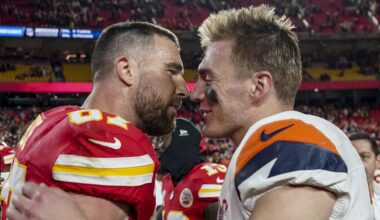 Dec 25, 2025; Kansas City, Missouri, USA; Denver Broncos quarterback Bo Nix (10) and Kansas City Chiefs tight end Travis Kelce (87) after the game at GEHA Field at Arrowhead Stadium. Mandatory Credit: Denny Medley-Imagn Images