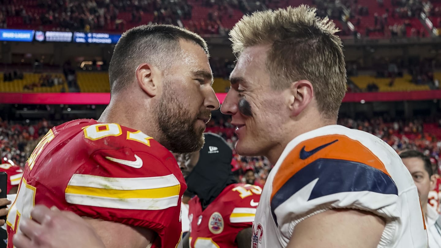 Dec 25, 2025; Kansas City, Missouri, USA; Denver Broncos quarterback Bo Nix (10) and Kansas City Chiefs tight end Travis Kelce (87) after the game at GEHA Field at Arrowhead Stadium. Mandatory Credit: Denny Medley-Imagn Images