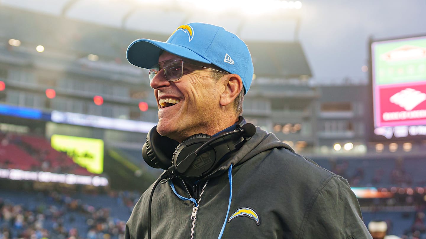 Dec 28, 2024; Foxborough, Massachusetts, USA; Los Angeles Chargers head coach Jim Harbaugh reacts after defeating the New England Patriots at Gillette Stadium. Mandatory Credit: David Butler II-Imagn Images