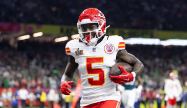 Feb 9, 2025; New Orleans, LA, USA;  Kansas City Chiefs wide receiver Marquise Brown (5) against the Philadelphia Eagles in Super Bowl LIX at Ceasars Superdome. Mandatory Credit: Mark J. Rebilas-Imagn Images
