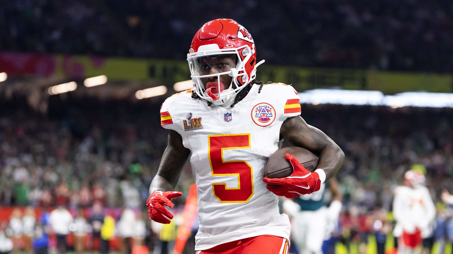 Feb 9, 2025; New Orleans, LA, USA;  Kansas City Chiefs wide receiver Marquise Brown (5) against the Philadelphia Eagles in Super Bowl LIX at Ceasars Superdome. Mandatory Credit: Mark J. Rebilas-Imagn Images