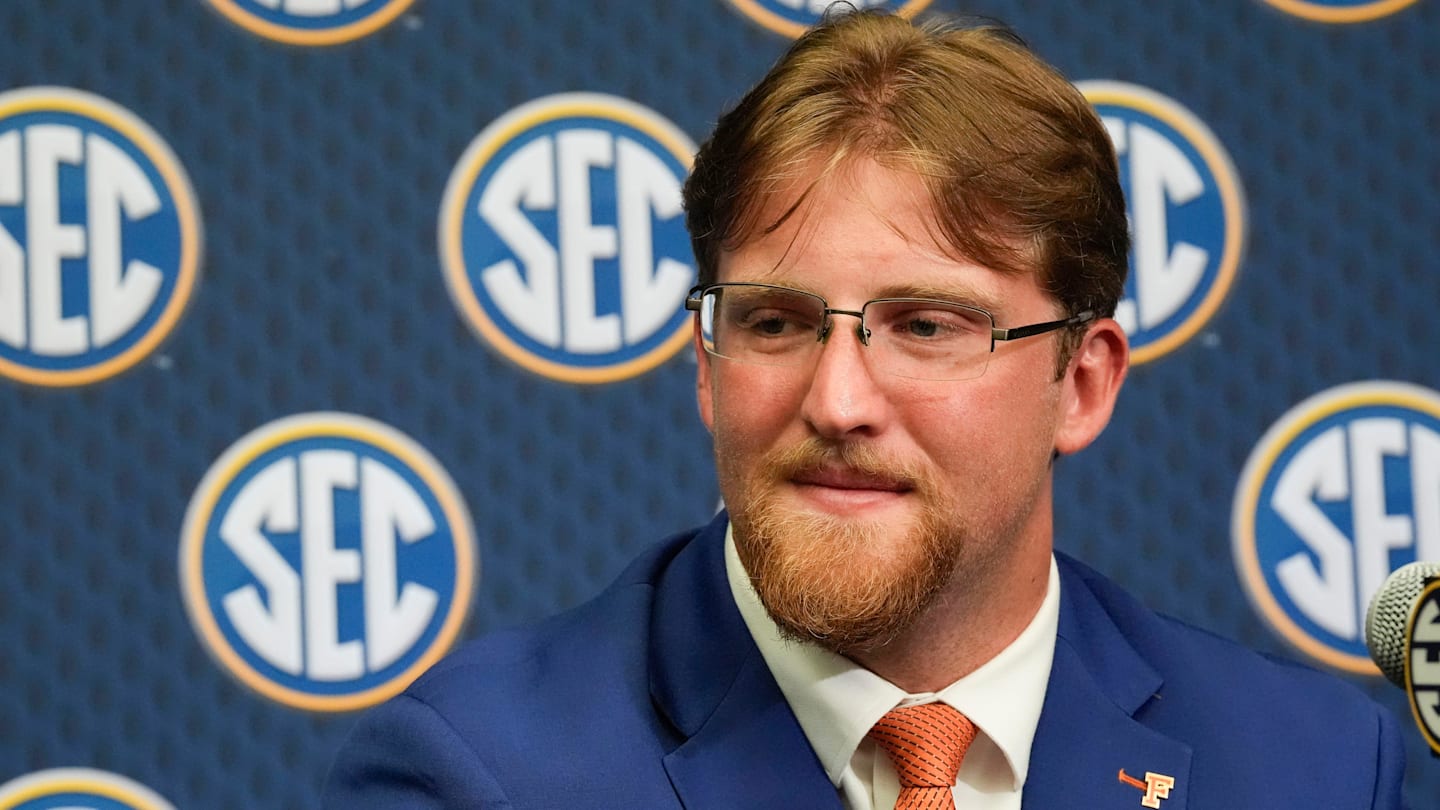 July 16, 2025; Atlanta, GA, USA; Florida offensive lineman Jake Slaughter answers reporters’ questions during SEC Media Days at the College Football Hall of Fame in Atlanta.