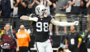 Oct 12, 2025; Paradise, Nevada, USA; Las Vegas Raiders defensive end Maxx Crosby (98) reacts after a play during the second half against the Tennessee Titans at Allegiant Stadium. Mandatory Credit: Stephen R. Sylvanie-Imagn Images