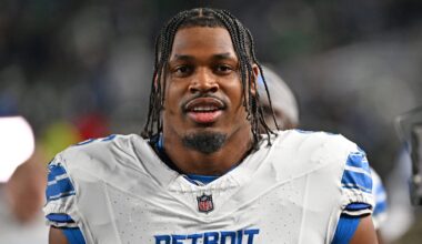 Nov 16, 2025; Philadelphia, Pennsylvania, USA; Detroit Lions linebacker Al-Quadin Muhammad (96) against the Philadelphia Eagles at Lincoln Financial Field. Mandatory Credit: Eric Hartline-Imagn Images