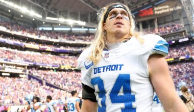 Detroit Lions linebacker Alex Anzalone (34) walks on the field after his team's win against the Minnesota Vikings at U.S. Bank Stadium.