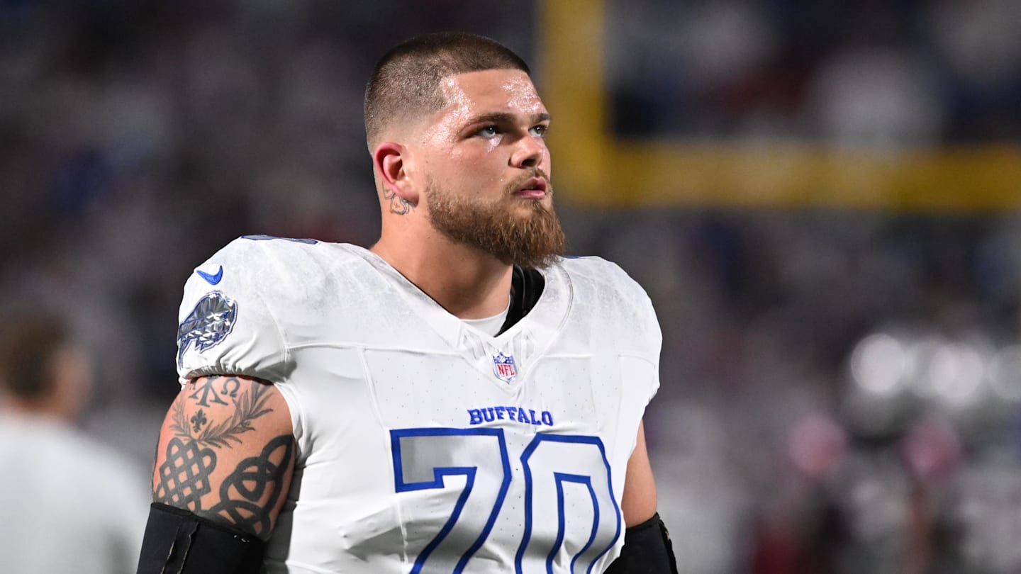 Oct 5, 2025; Orchard Park, New York, USA; Buffalo Bills offensive tackle Alec Anderson (70) practices before the game at Highmark Stadium. Mandatory Credit: Mark Konezny-Imagn Images