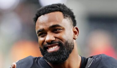 Oct 12, 2025; Paradise, Nevada, USA; Las Vegas Raiders running back Raheem Mostert (31) reacts after the game against the Tennessee Titans at Allegiant Stadium. Mandatory Credit: Stephen R. Sylvanie-Imagn Images