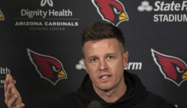 Mike LaFleur (head coach) answers questions during a news conference at the Arizona Cardinals training facility in Tempe on Feb. 18, 2026.
