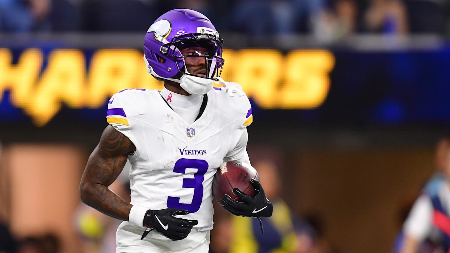 Oct 23, 2025; Inglewood, California, USA; Minnesota Vikings wide receiver Jordan Addison (3) reacts after making a touchdown during the second half at SoFi Stadium. Mandatory Credit: Gary A. Vasquez-Imagn Images