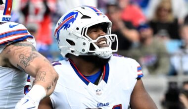 Oct 26, 2025; Charlotte, North Carolina, USA;  Buffalo Bills defensive tackle Ed Oliver (91) reacts after a sack in the first quarter at Bank of America Stadium. Mandatory Credit: Bob Donnan-Imagn Images