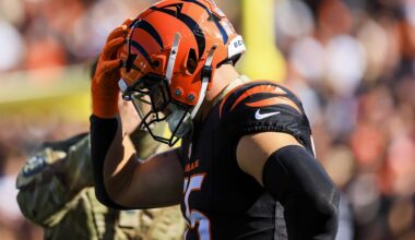 Nov 3, 2024; Cincinnati, Ohio, USA; Cincinnati Bengals linebacker Logan Wilson (55) runs onto the field before the game against the Las Vegas Raiders at Paycor Stadium. Mandatory Credit: Katie Stratman-Imagn Images