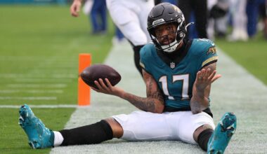 Dec 7, 2025; Jacksonville, Florida, USA;  Jacksonville Jaguars wide receiver Tim Patrick (17) sits on the field after catching a touchdown pass against the Indianapolis Colts during the first half at EverBank Stadium. Mandatory Credit: Matt Pendleton-Imagn Images