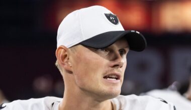 Aug 23, 2025; Glendale, Arizona, USA; Las Vegas Raiders kicker Daniel Carlson (8) against the Arizona Cardinals during a preseason NFL game at State Farm Stadium. Mandatory Credit: Mark J. Rebilas-Imagn Images