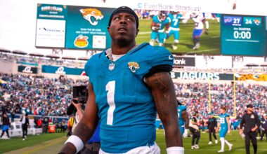 Jacksonville Jaguars running back Travis Etienne Jr. (1) walks off the field after losing to the Bills during an NFL football AFC Wild Card playoff matchup, Sunday, Jan. 11, 2026, in Jacksonville, Fla. Bills lead 10-7 at the half over the Jaguars. The Bills defeated the Jaguars 27-24. [Doug Engle/Florida Times-Union]