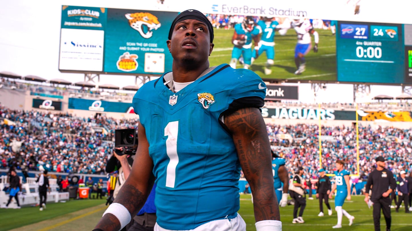 Jacksonville Jaguars running back Travis Etienne Jr. (1) walks off the field after losing to the Bills during an NFL football AFC Wild Card playoff matchup, Sunday, Jan. 11, 2026, in Jacksonville, Fla. Bills lead 10-7 at the half over the Jaguars. The Bills defeated the Jaguars 27-24. [Doug Engle/Florida Times-Union]