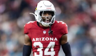 Nov 23, 2025; Glendale, Arizona, USA; Arizona Cardinals safety Jalen Thompson (34) against the Jacksonville Jaguars at State Farm Stadium. Mandatory Credit: Mark J. Rebilas-Imagn Images