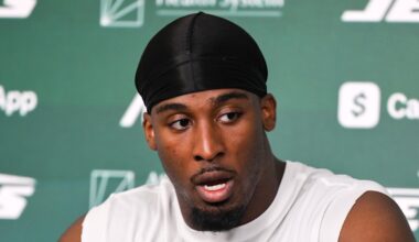 Jun 11, 2025; Florham Park, NY, USA; New York Jets running back Breece Hall (20) speaks at a press conference during minicamp at Atlantic Health Jets Training Center. Mandatory Credit: John Jones-Imagn Images