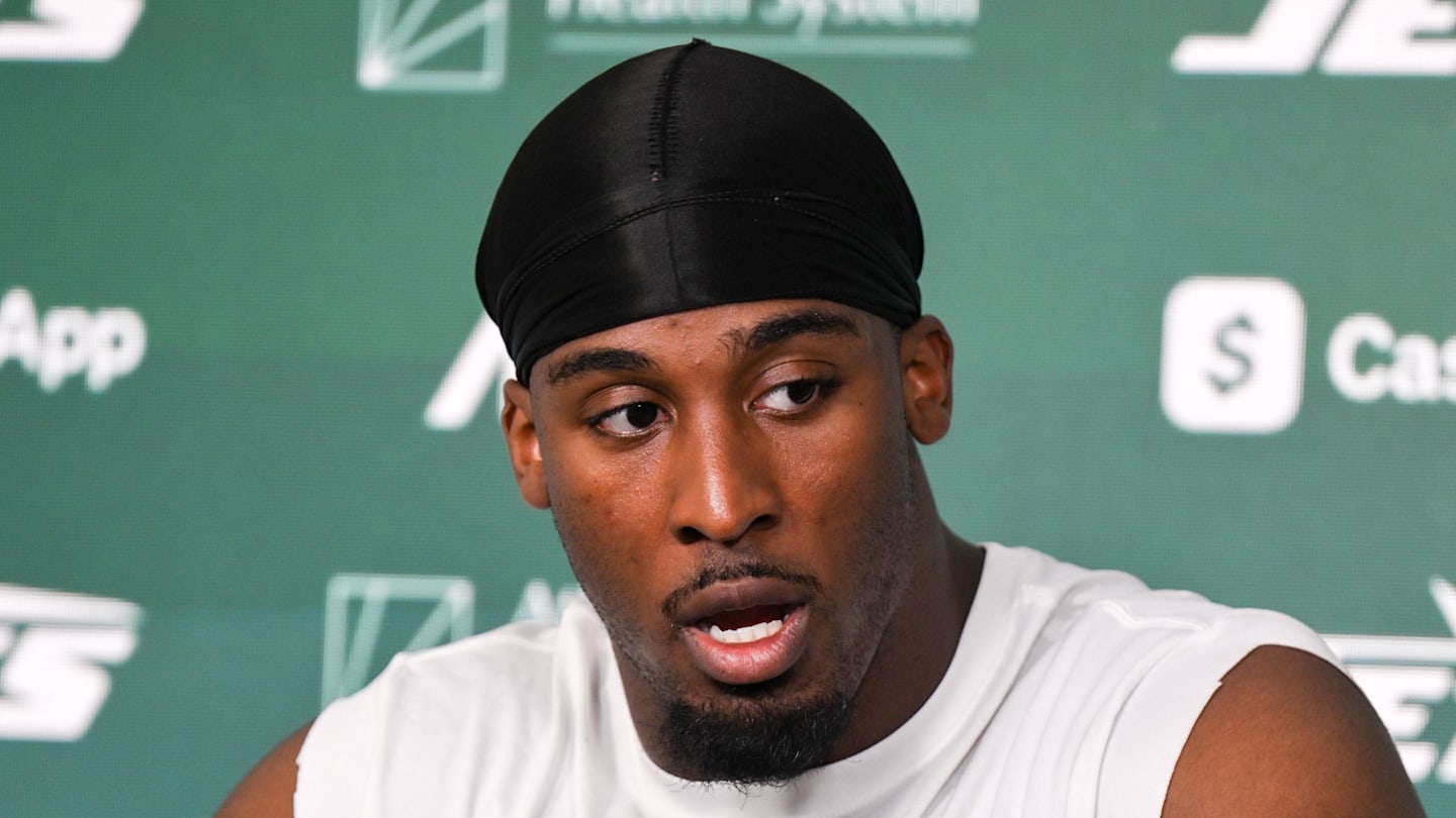 Jun 11, 2025; Florham Park, NY, USA; New York Jets running back Breece Hall (20) speaks at a press conference during minicamp at Atlantic Health Jets Training Center. Mandatory Credit: John Jones-Imagn Images