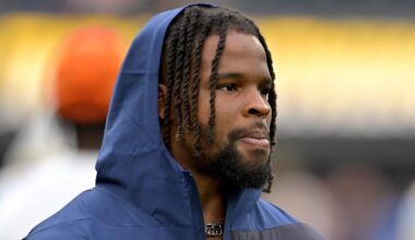 Sep 21, 2025; Inglewood, California, USA;  Denver Broncos linebacker Dre Greenlaw (57) on the sidelines prior to the game against the Los Angeles Chargers at SoFi Stadium. Mandatory Credit: Jayne Kamin-Oncea-Imagn Images