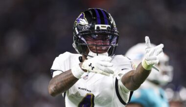 Oct 30, 2025; Miami Gardens, Florida, USA; Baltimore Ravens wide receiver Zay Flowers (4) reacts after a play against the Miami Dolphins in the third quarter at Hard Rock Stadium. Mandatory Credit: Nathan Ray Seebeck-Imagn Images