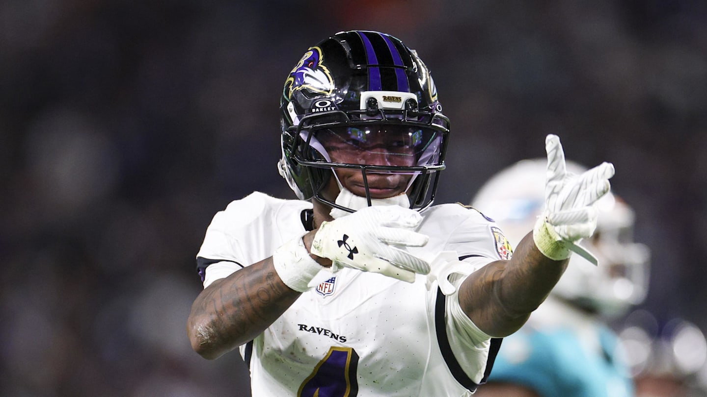 Oct 30, 2025; Miami Gardens, Florida, USA; Baltimore Ravens wide receiver Zay Flowers (4) reacts after a play against the Miami Dolphins in the third quarter at Hard Rock Stadium. Mandatory Credit: Nathan Ray Seebeck-Imagn Images