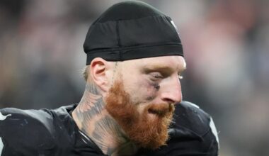 Dec 7, 2025; Paradise, Nevada, USA;  Las Vegas Raiders defensive end Maxx Crosby (98) leaves the field following a game against the Denver Broncos at Allegiant Stadium. Mandatory Credit: Stephen R. Sylvanie-Imagn Images