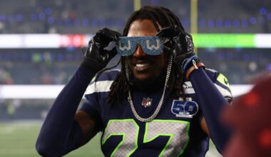Jan 17, 2026; Seattle, WA, USA;  Seattle Seahawks cornerback Riq Woolen (27) celebrates following an NFC Divisional Round game against the San Francisco 49ers at Lumen Field. Mandatory Credit: Kevin Ng-Imagn Images