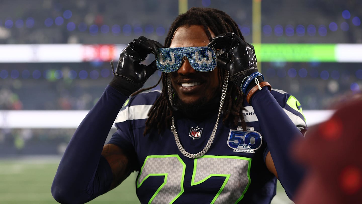Jan 17, 2026; Seattle, WA, USA;  Seattle Seahawks cornerback Riq Woolen (27) celebrates following an NFC Divisional Round game against the San Francisco 49ers at Lumen Field. Mandatory Credit: Kevin Ng-Imagn Images