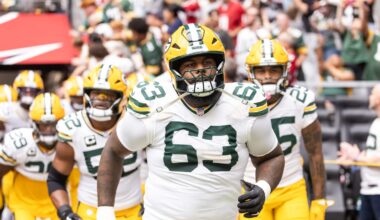 Oct 19, 2025; Glendale, Arizona, USA; Green Bay Packers tackle Rasheed Walker (63) against the Arizona Cardinals at State Farm Stadium. Mandatory Credit: Mark J. Rebilas-Imagn Images