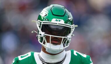 Dec 28, 2025; East Rutherford, New Jersey, USA; New York Jets running back Breece Hall (20) on the field before the game against the New England Patriots at MetLife Stadium. Mandatory Credit: Vincent Carchietta-Imagn Images