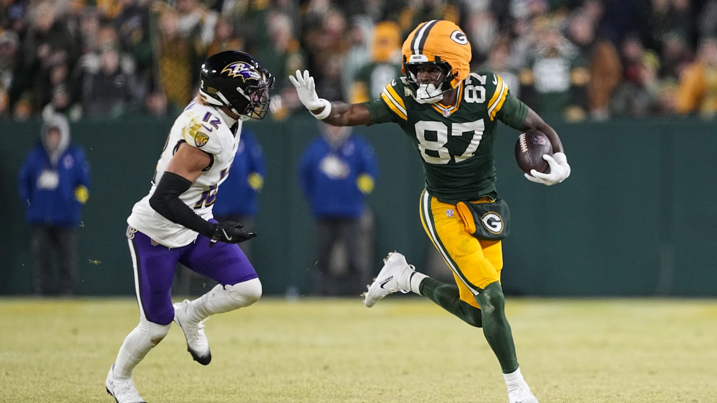 Dec 27, 2025; Green Bay, Wisconsin, USA;  Green Bay Packers wide receiver Romeo Doubs (87) during the game against the Baltimore Ravens at Lambeau Field. Mandatory Credit: Jeff Hanisch-Imagn Images
