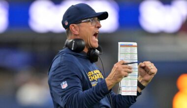 Nov 30, 2025; Inglewood, California, USA; Los Angeles Chargers head coach Jim Harbaugh reacts during the second half at SoFi Stadium. Mandatory Credit: Jayne Kamin-Oncea-Imagn Images