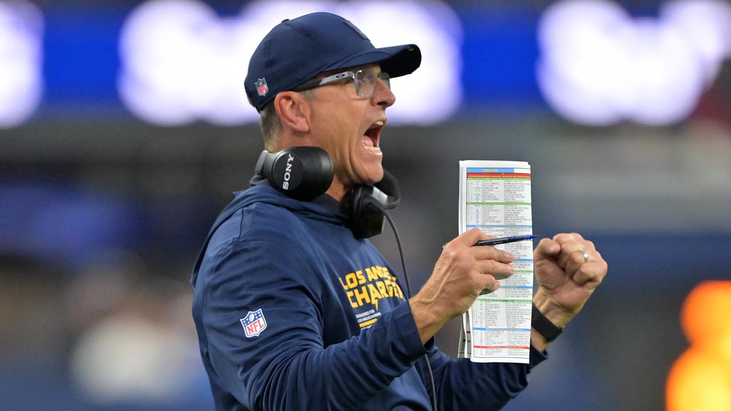 Nov 30, 2025; Inglewood, California, USA; Los Angeles Chargers head coach Jim Harbaugh reacts during the second half at SoFi Stadium. Mandatory Credit: Jayne Kamin-Oncea-Imagn Images