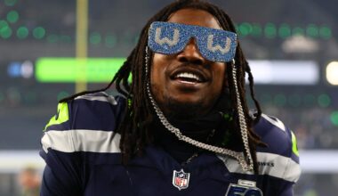 Jan 17, 2026; Seattle, WA, USA;  Seattle Seahawks cornerback Riq Woolen (27) celebrates following an NFC Divisional Round game against the San Francisco 49ers at Lumen Field.