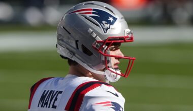 Feb 8, 2026; Santa Clara, CA, USA; New England Patriots quarterback Drake Maye (10) before Super Bowl LX against the Seattle Seahawks at Levi's Stadium. Mandatory Credit: Darren Yamashita-Imagn Images