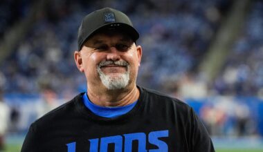 Detroit Lions offensive coordinator John Morton walks towards the sideline during warm up ahead of the Cleveland Browns game at Ford Field in Detroit on Sunday, Sept. 28, 2025.