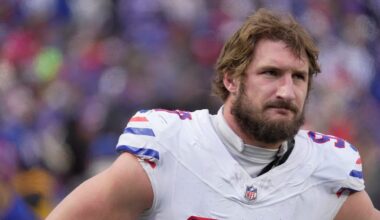 Buffalo Bills defensive end Joey Bosa watches the offensive line on the field during second half action against the Tampa Bay Buccaneers on Nov 16, 2025 at Highmark Stadium in Orchard Park.