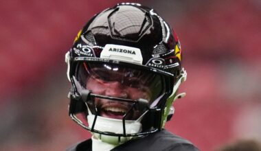 Arizona Cardinals quarterback Kyler Murray (1) chats with teammate Michael Wilson (14) before their game against the Tennessee Titans at State Farm Stadium in Glendale on Oct. 5, 2025.