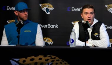 Jacksonville Jaguars general manager James Gladstone, right, speaks as head coach Liam Coen looks on during a press conference at the Miller Electric Center, Wednesday, Jan. 14, 2026, in Jacksonville, Fla.