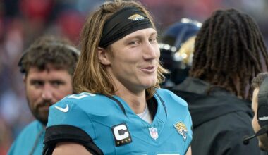 Oct 20, 2024; London, United Kingdom; Jacksonville Jaguars quarterback Trevor Lawrence (16) smiles in the second half during an NFL International Series game at Wembley Stadium. Mandatory Credit: Peter van den Berg-Imagn Images